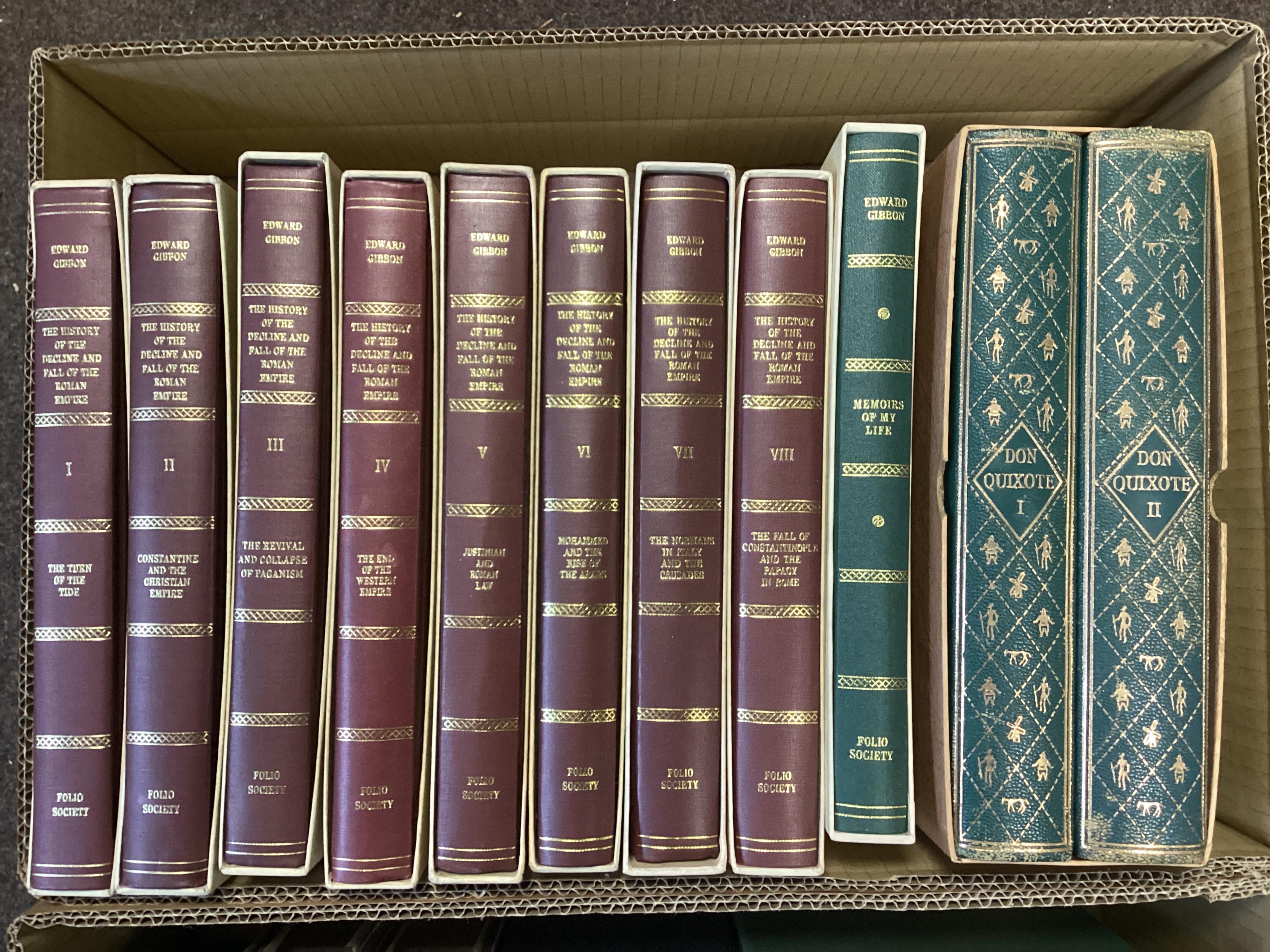 Folio Society: War and Peace, 2 vols, E. Gibbons - Memoirs, E. Gibbons - Rise / Fall Roman; Wilkie Collins - Tales Mystery / Suspense (2), Empire (8), Bible - to be read at literature (2), Miguel de Cervantes - Don Quixo